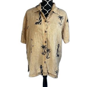 Indian Tropical Fashion Coastal Lighthouse Graphic Button Front Cotton Top Sz LG